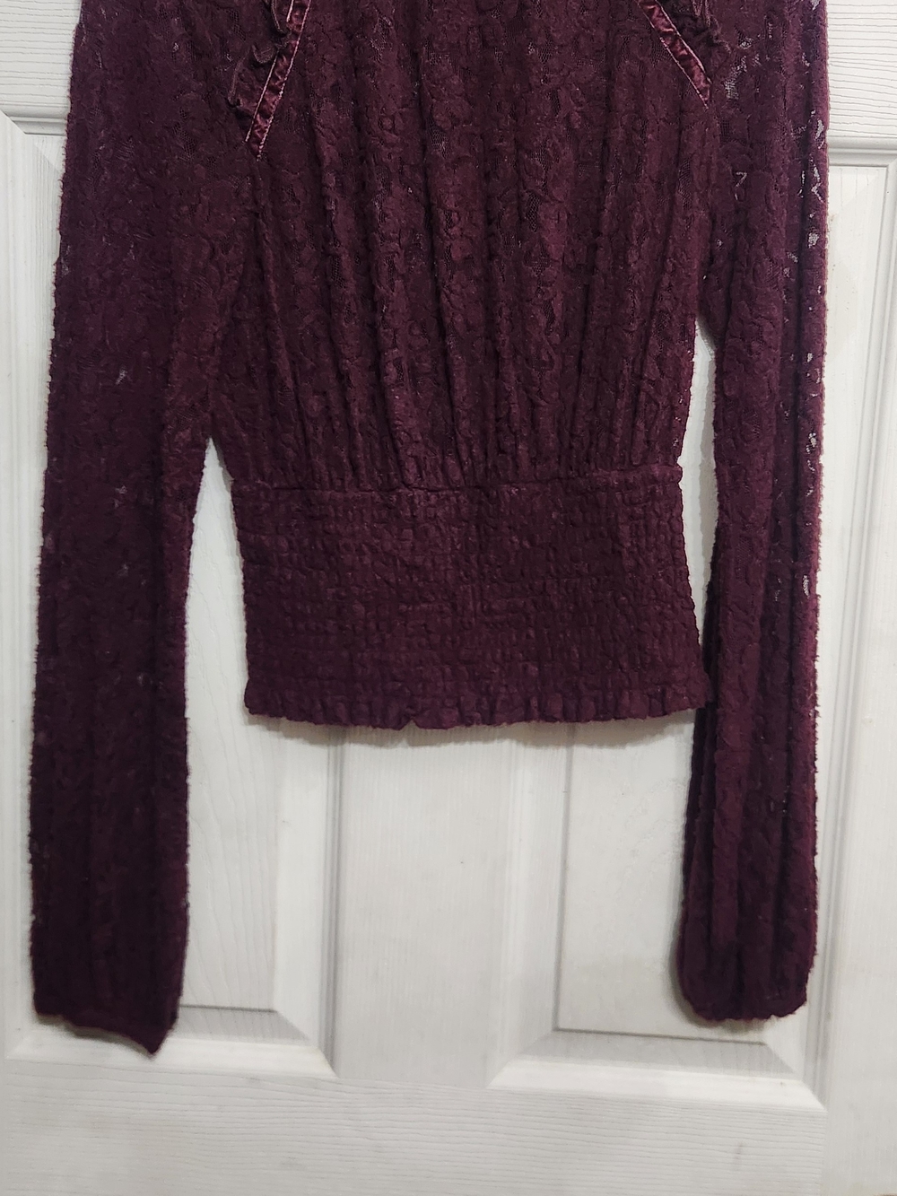 Smocked Waist Lace Long-Sleeve Blouse in Burgundy